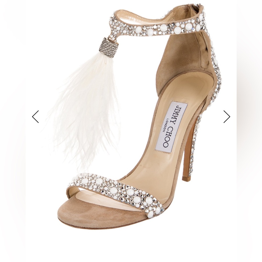 Jimmy Choo Tan and White Embellished Heels with ostrich feathers size 38